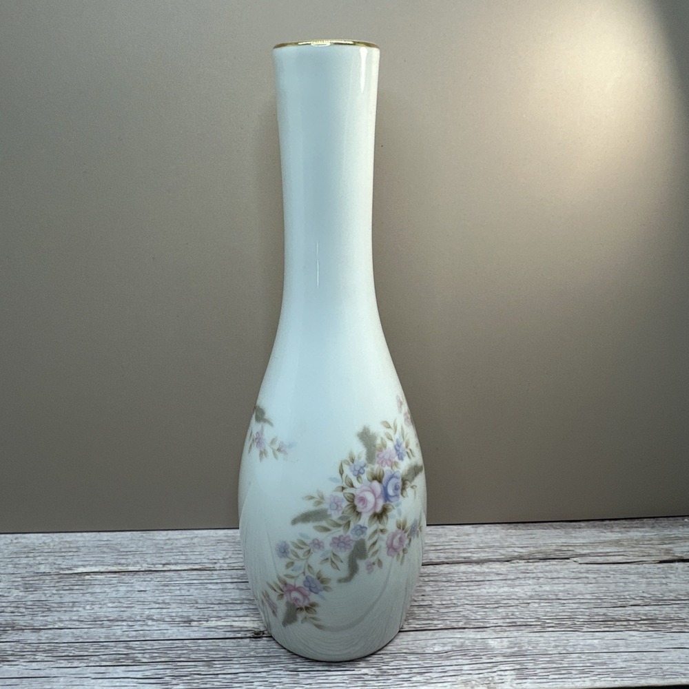 VTG Lefton BUD VASE China Pastel Floral HandPainted‎ Porcelain  7053 Gold Trim